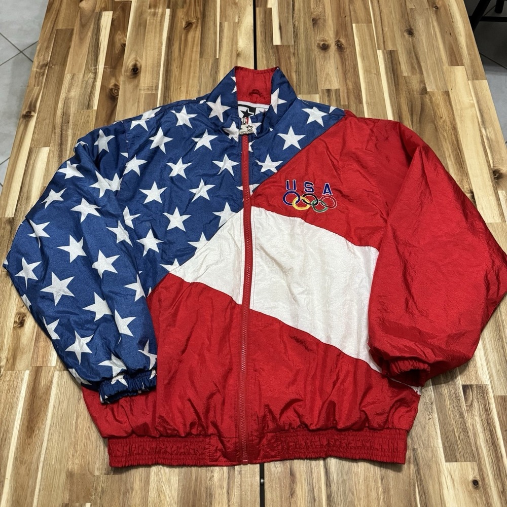 Vintage USA Starter Jacket Mens L Olympics American Flag Lightweight Full Zip 90